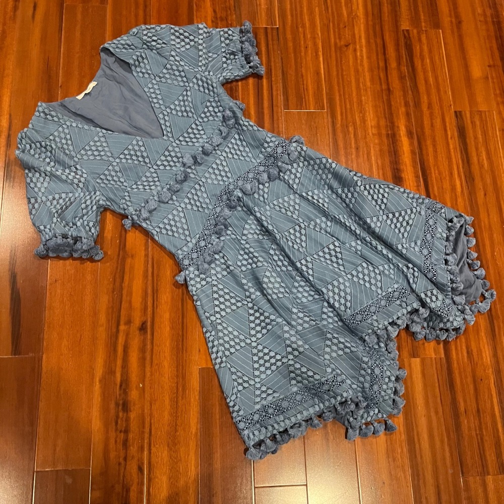 TULAROSA Blue Crochet Dress Lace Pom Pom Tassel V-Neck Short Sleeve Size XXS